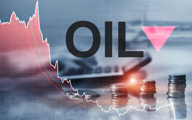 Price oil down. Oil barrels and a financial chart on abstract business background. Barrel arrow...