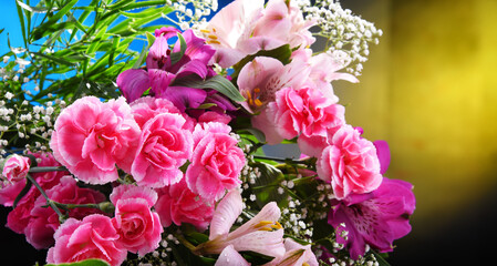 Composition with bouquet of freshly cut flowers
