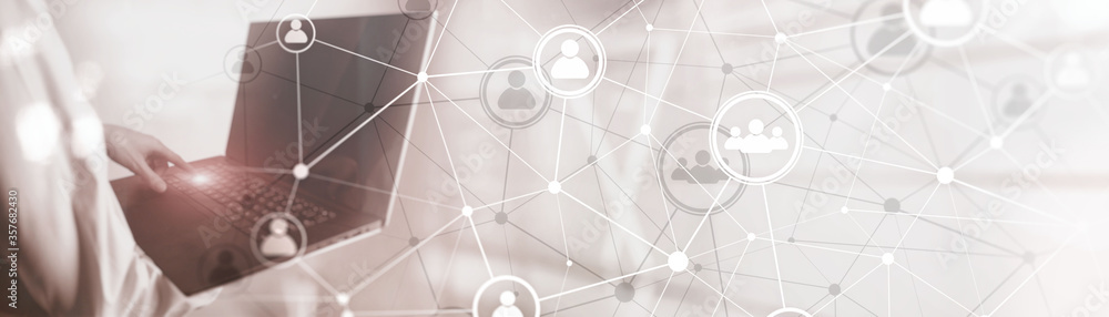 Poster background conceptual image with social connection lines on panoramic fone.