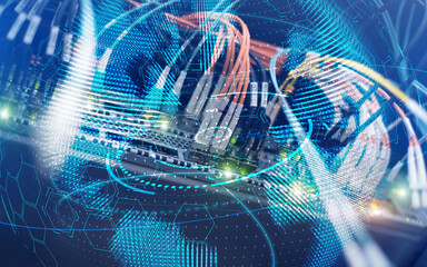 Planet Earth globe global communication technology concept server room background.