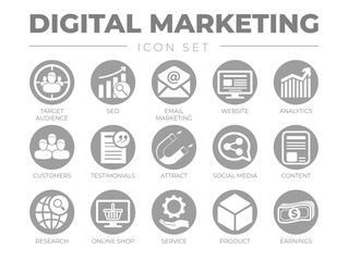 Round Digital Marketing Icon Set. Target Audience, SEO, Email Marketing, Website, Analytics, Customers, Testimonials, Attract, Social Media, Content,  etc Icons.