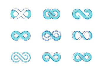 Set Infinity Symbols. Contoured Eight Signs of Different Shapes, Thickness and Simple Style Loops Isolated on White Background. Symbol of Repetition and Unlimited Cyclicity. Linear Vector Illustration
