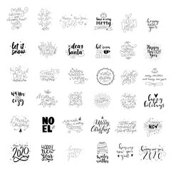 Merry Christmas. Happy New Year. Set of Hand drawn modern brush lettering cards. Brush lettering typography for holiday greeting gift card.