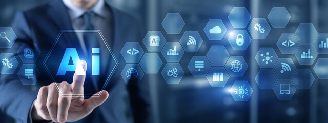 Artificial intelligence concept with businessman on blurred data center background.