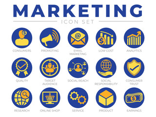 Colorful Round Marketing Icon Set. Consumers, Promotion, Email Marketing, Low Cost, Analytics, Quality, Target Audience, Social, Trust, Research, Online Shop, Service Product Webshop and Earning Icons