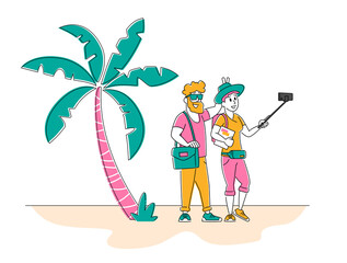Tourists Abroad. Happy Loving Couple or Friends Stand Together Posing and Gesturing Making Selfie Photo. Characters Photographing on Smartphone at Tropical Resort. Linear People Vector Illustration