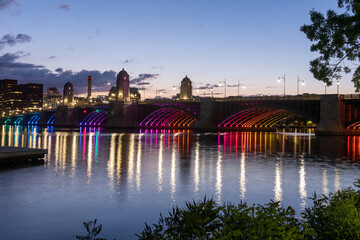 The night time Boston skyline and the Longfellow Bridge