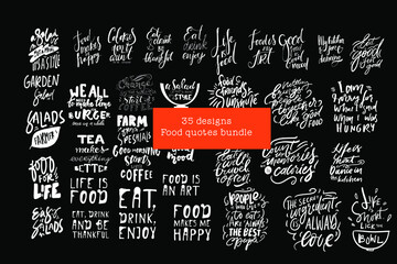 Food makes me happy. My kitchen is for dancing. Life is short, dance in the kitchen. Life is food. Hand lettering illustration for your design. 35 designs