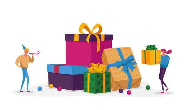 Happy People Carry Gift Boxes Wrapped with Festive Bow. Male and Female Characters Prepare Presents for Family and Friends on Boxing Day Holidays or Birthday Celebration. Cartoon Vector Illustration