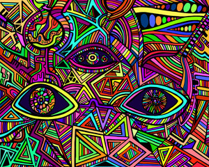 Fototapeta premium Psychedelic shamanic variegated eyes crazy patterns. Fantastic art with decorative eyes