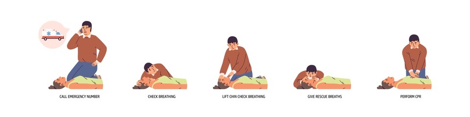 Set of stages to perform emergency first aid vector flat illustration. Instruction to medical cardiopulmonary resuscitation procedure isolated. Technique for chest compression to support breath