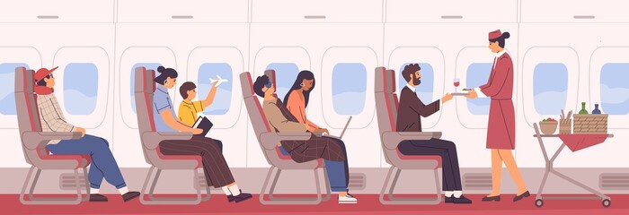 People sit on armchair at airplane side view vector flat illustration. Friendly stewardess with food and drink cart in aisle. Man, woman and kid at cabin interior. Passenger and personnel inside jet © Good Studio