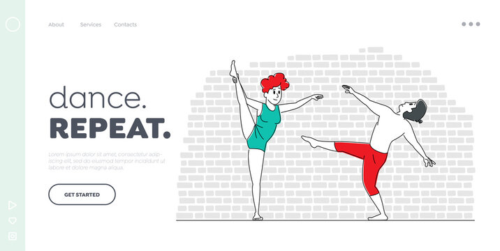 Dancing Hobby, Leisure or Sparetime Landing Page Template. Young People Dance. Characters in Sports Clothing Perform Acrobatics or Ballet Elements Move Body to Music Rhythm. Linear Vector Illustration © Hanna Syvak