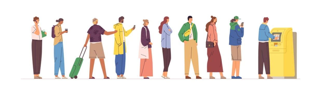 Diverse crowd stand in line to ATM vector flat illustration. Man and woman in queue performing financial transactions isolated on white. People with credit card and cash waiting terminal service