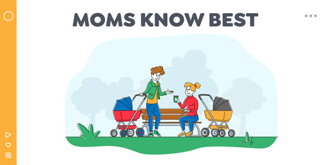 Women Spend Time Sit Outdoors and Chatting Landing Page Template. Girls with Baby Stroller Meeting Friend. Maternity, Parenthood Lifestyle, People Spare Time. Linear Characters Vector Illustration