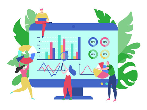 Big data analysis concept, vector illustration. Business people team man woman near big screen with graphs, graph, chart, table and diagram. Finance management, marketing strategy banner.