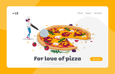 Pizzeria Meal, Bistro Italian Food Cook Landing Page Template. Tiny Female Character in Chef Uniform Hold Knife Cut Huge Pizza with Olives, Mushrooms, Tomato and Sausage. Cartoon Vector Illustration