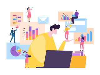 Team workers make business analysis in office vector illustration. Little character people employee with graphs, diagrams and chart help big boss to develop project, idea. Assistant man woman.