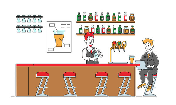 Business Man Visiting Beer Pub or Night Club. Male Character Sit at High Chair Drink Alcohol Beverages and Work on Laptop on Bar Counter with Barman Shake Cocktail. Linear People Vector Illustration