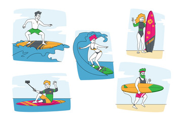 Surfing People Set. Characters in Swimwear Riding Surf Boards by Huge Ocean Waves, Make Selfie. Sports Competition, Summer Sparetime, Sport Activity, Healthy Lifestyle. Linear Vector Illustration