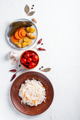Fermented vegetables with ingredients on a white table
