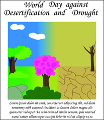 Fototapeta premium Día mundial contra la desertificación, ilustración para crear conciencia sobre la sequía y la desertificación, lado izquierdo con naturaleza verde, lado derecho como desierto, texto en la parte baja