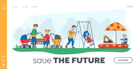 Fototapeta premium Kids and Parents Characters on Outdoor Playground Landing Page Template. Children Ride on Swing, Playing in Sandbox. Active Summer Games on Street, Leisure Holidays. Linear People Vector Illustration