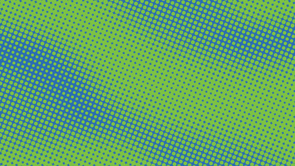 Bright blue and green pop art background with halftone dots in retro comic style, backdrop template for your design