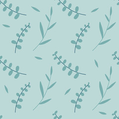 Obraz premium Seamless pattern of Eucalyptus palm fern different tree, natural branches, leaves, herbs, l hand drawn flat silhouette Vector beauty elegant textile print on pale green blue background.