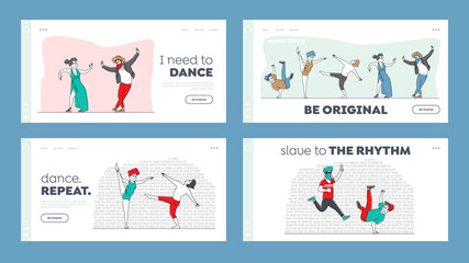 Characters in Stylish Costumes Dance Modern Dances Landing Page Template Set. Group of People at Disco Party or Training Class. Happy Men or Women Clubbing, Performing. Linear Vector Illustration