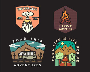 Vintage mountain camp badges logos set, Adventure stickers. Hand drawn emblems bundle. Road trip, Travel expedition, campfire labels. Outdoor hiking designs. Logotypes collection. Stock vector.