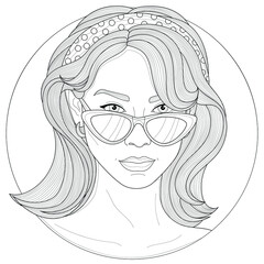 Beautiful girl with glasses, earrings and a hair band.Coloring book antistress for children and adults. Illustration isolated on white background.Black and white drawing.Zen-tangle style.