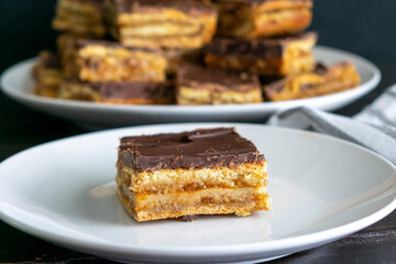 Hungarian Zserbo Szelet: A traditional Hungarian dessert made of layers of pastry, apricot jam,...