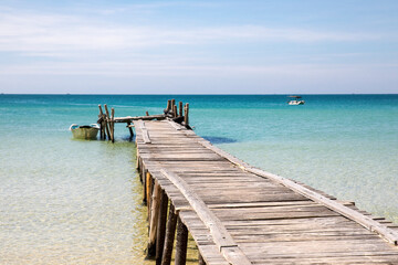 old wooden pier, lazy beach, koh rong samloem island, Sihanoukville, Cambodia.