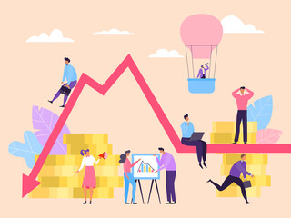 Economic down business crisis, worker panic concept vector illustration. Man and woman on chart looking for ways to solve problem income decline. Workers research statistics, work in laptop.