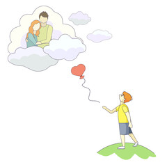 A kid with a heart shaped balloon missing his parents on white isolated background, vector stock illustration in Cartoon style, concept of Family, Love, Loneliness, Orphanhood, Death and Lifetime.