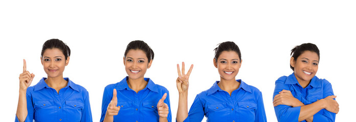 Cute happy woman giving different gestures