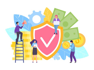 Financial money insurance, vector illustration. Business profit cash currency protection and safety, defending guarantee. Man woman people character with large shield, golden coins.