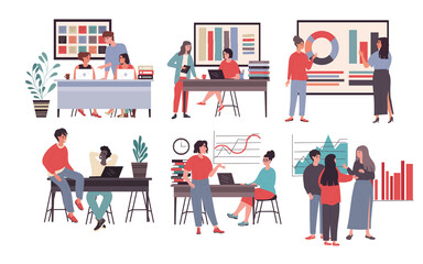 Six office business scenes showing people at work collaborating with colleagues, having discussions and meetings, colored vector illustration