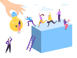 People get new business idea, vector illustration. Creative team people jump from platform to large lightbulb. Company workers run to new project, startup. Man character with spyglass.