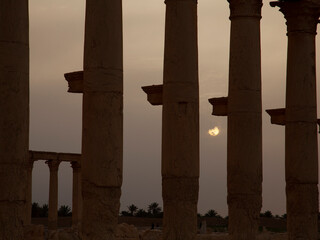 Sun rises between the stone pillars at the ancient city of Palmyra, Syria