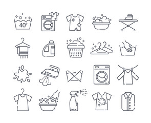 Large set of black and white vector laundry icons showing clean and dirty clothes, hand and machine washing , hangers, soaps and ironing