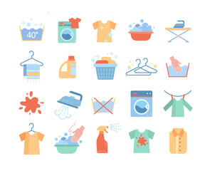 Large set of laundry or washing icons with clothing, machines, hand washing, ironing and hangers isolated on white, colored vector illustration
