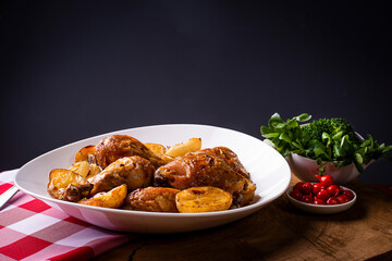 Chicken baked in pieces with potatoes and onion on a white dish.