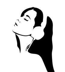 The woman listens to music, portrait, black