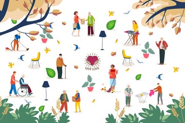 Help in house work for elderly people, vector illustration. Social worker with senior man woman, service for retirement. Volunteer character make purchases, sweep, wash, carry man in wheelchair.