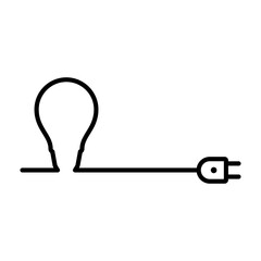 Icono plano lineal silueta de bombilla con cable y enchufe como horizonte en color negro
