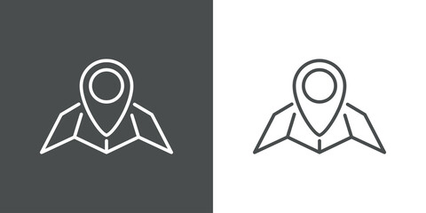Concepto buscar dirección. Icono plano lineal mapa con puntero en fondo gris y fondo blanco © teracreonte