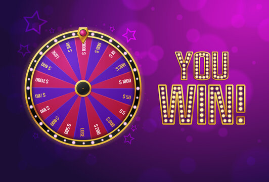 You Win at the Casino gambling concept on a colorful purple background with roulette table and sign in lights, colored vector illustration