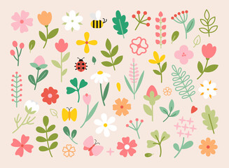 Fototapeta premium Set of flat flowers and leaves on pastel pink background. Perfect for invitations, greeting cards, posters and others purposes. 